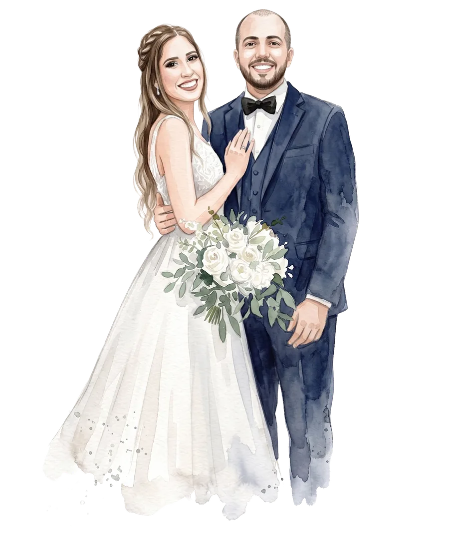 Ilustração em aquarela de Mariana e Renan, ela de vestido branco com buquê e ele de terno azul-marinho